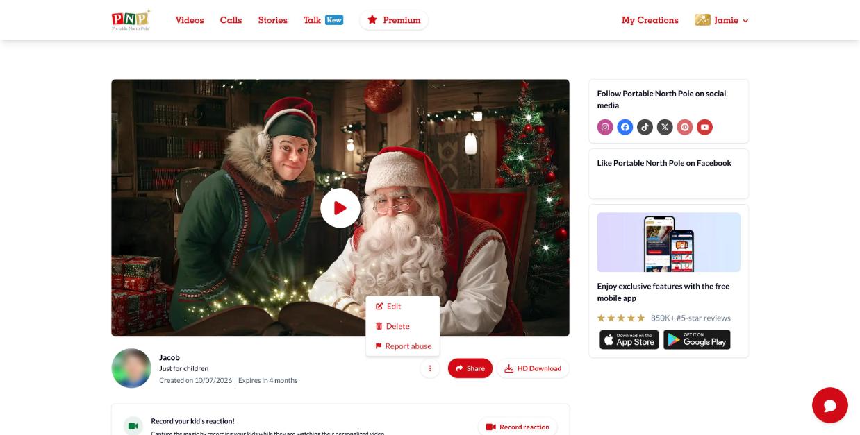 Video options menu with Edit, Delete and Report abuse