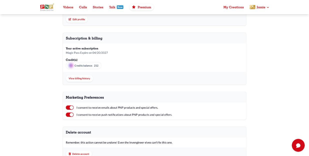 My account page with Subscription and billing